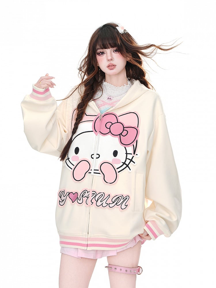 Apricot/Black Kitty Embroidery Oversized Zip Closure Hoodie