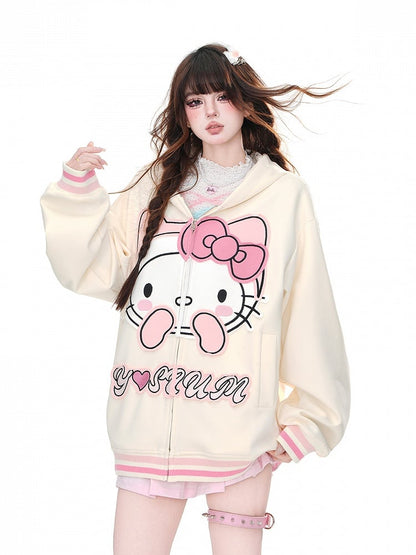 Apricot/Black Kitty Embroidery Oversized Zip Closure Hoodie