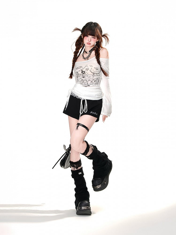 Trim Glamorous Waist Sports Wide-Leg Shorts Lace Black Drawstring