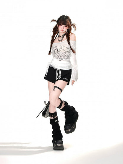 Trim Glamorous Waist Sports Wide-Leg Shorts Lace Black Drawstring