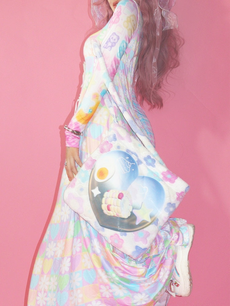 Colorful Bear Y2K Print Floral Heart Pattern And Dress Checked