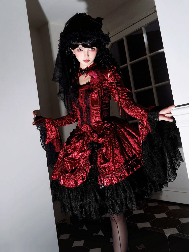 Red Gothic Lolita Velvet Tassel Knot Button Drawstring Skirt