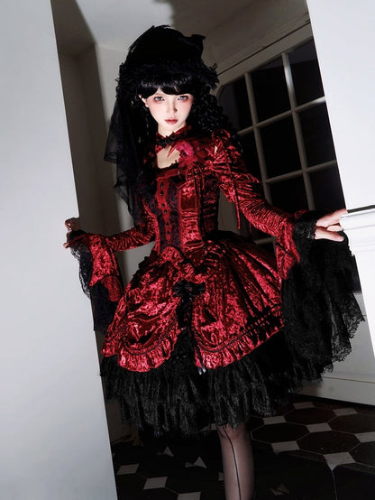 Red Detachable Long Bell Sleeves Snake Bones Velvet Top
