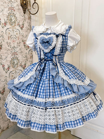 Old and School Blaues Kleid Gingham Lolita Pullover Weißer Rock