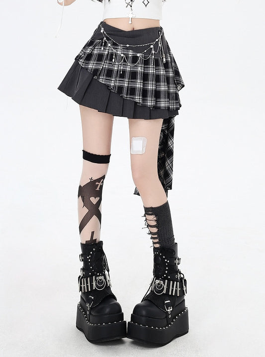 Hem Gray Plaid Asymmetrical Pleated Skirt