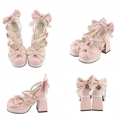 Block Bow Crisscross High Heels Buckles at Detachable Heart Design Pink Top