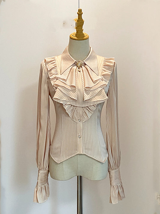 Beige Jabot Pointed Flat Collar Striped Fabric Long Sleeves Shirt