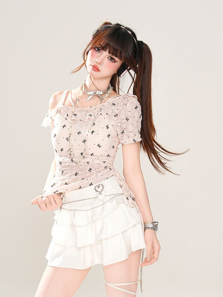 Asymmetrical Neckline Bow Print Drawstring Semi-sheer T-Shirt Pink Waist
