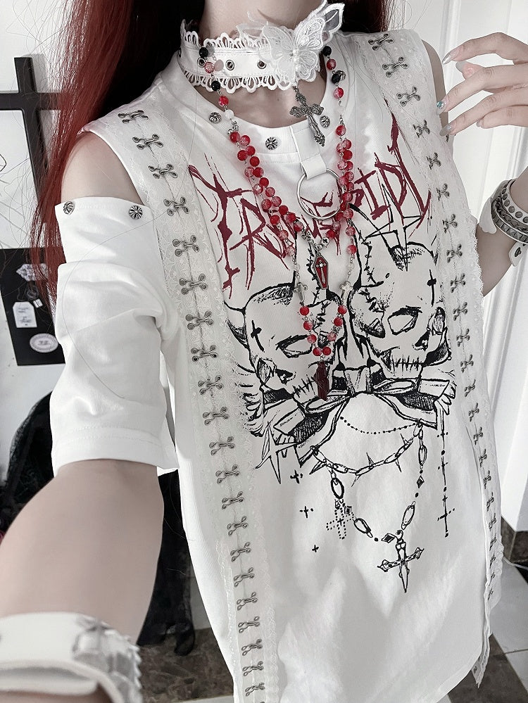 T-shirt White Cutout Shoulder Design Punk Emo