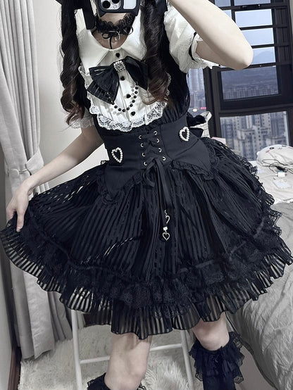 Belt Corset Stripes Skirt Waist Puffy Dress Layered Black Jirai Kei White and Lace-up with Three High