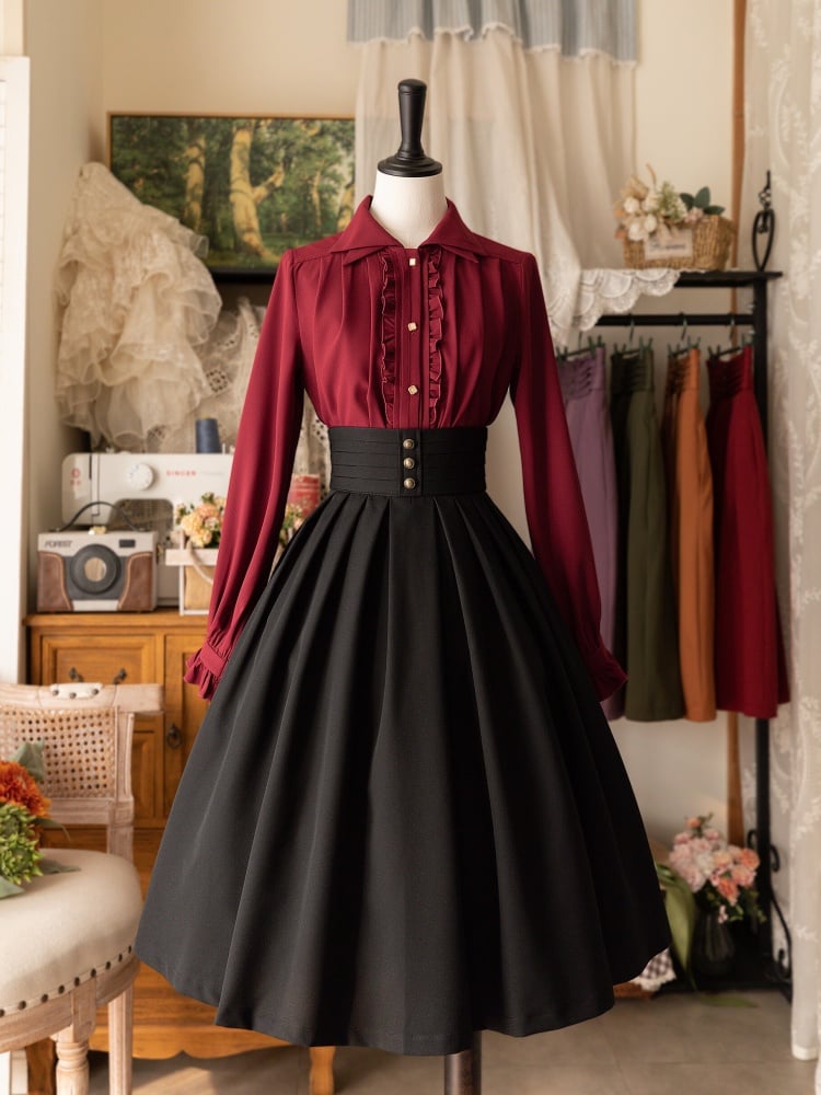 Black Elegant Midi Length High Waist Pleated Hem Classic Lolita Skirt