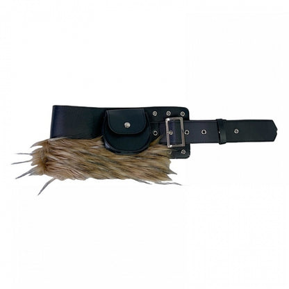 Black Faux Fur Trim Buckle Belt+ Snap Waist Bag