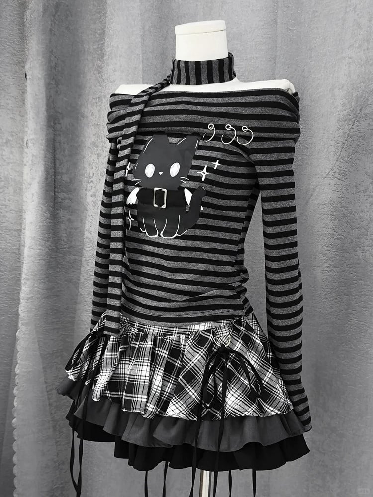 Plaid Tiered Skirt and Red Black Black and White Bowknots Decoration Y2K /