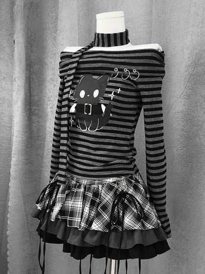 Plaid Tiered Skirt and Red Black Black and White Bowknots Decoration Y2K /