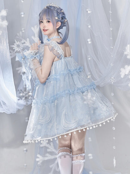 Light Blue Snow Moon Castle Overlay Pompoms Trimmed Dress Sweet Lolita Jumper Skirt