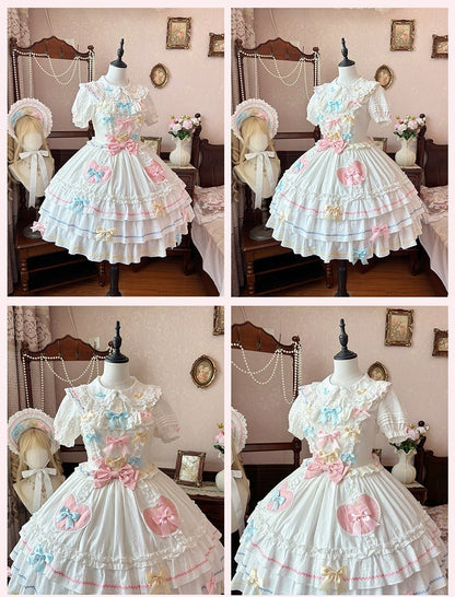 Macaron Color Bowknots White JSK Sleeves Tiered Sweet Lolita Dress Flutter Skirt