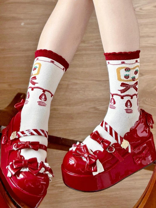 Calf Bowknot Red Print Lolita Strawberry Socks