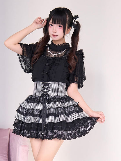 Black Neckline with Beaded Style Chain Details Illusion Criss-cross Jirai Kei Blouse