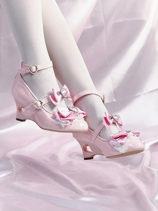 Pink Mary Cut-out Jirai Kei Light Gyaru Fashion Heels Janes Shoes Heart Wedge