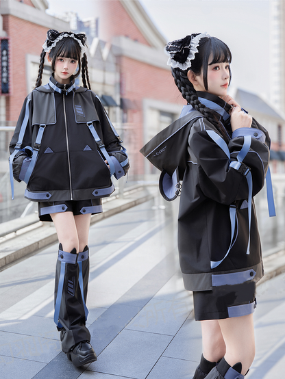 Kitty Ears Black and in Hood and Detachable Sleeves Blue Waterproof Jacket with Cyberpunk Techwear