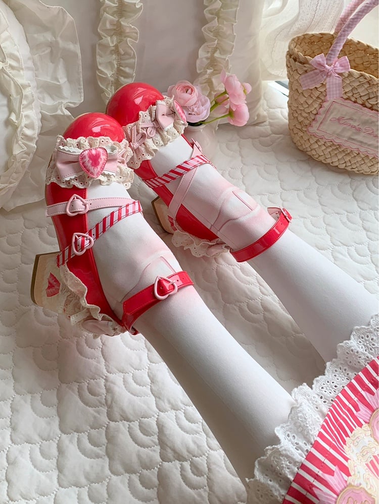 Lolita Velvet Mary Shoes Strawberry Sweet Jane Cake Red