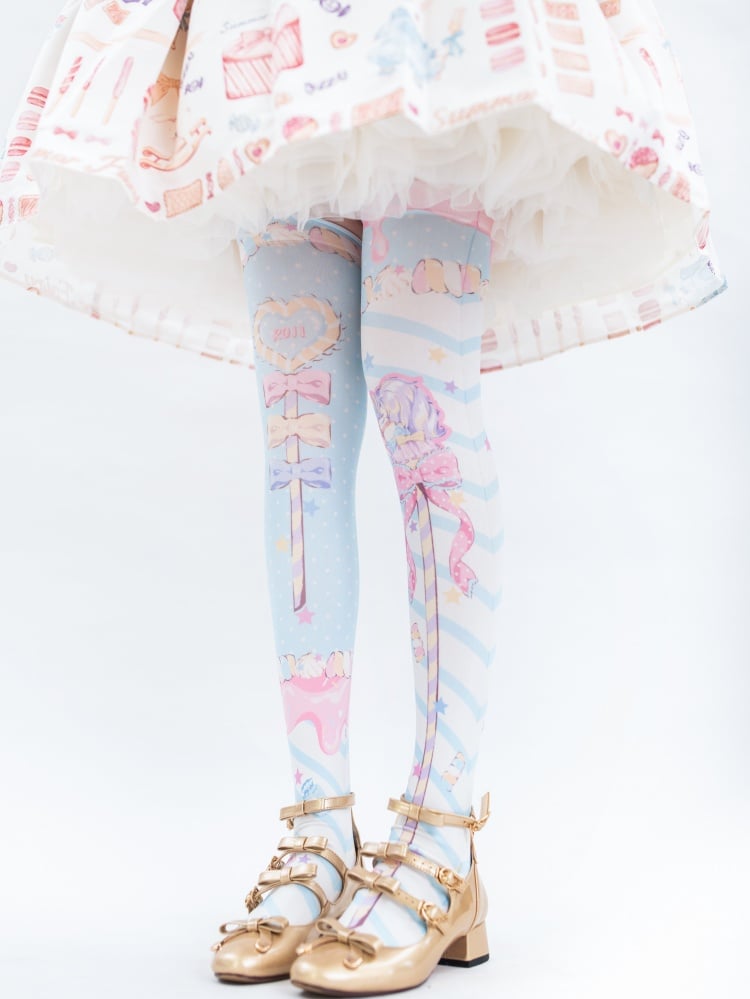 Candy Scepters Print Velvet Over Knee Stockings