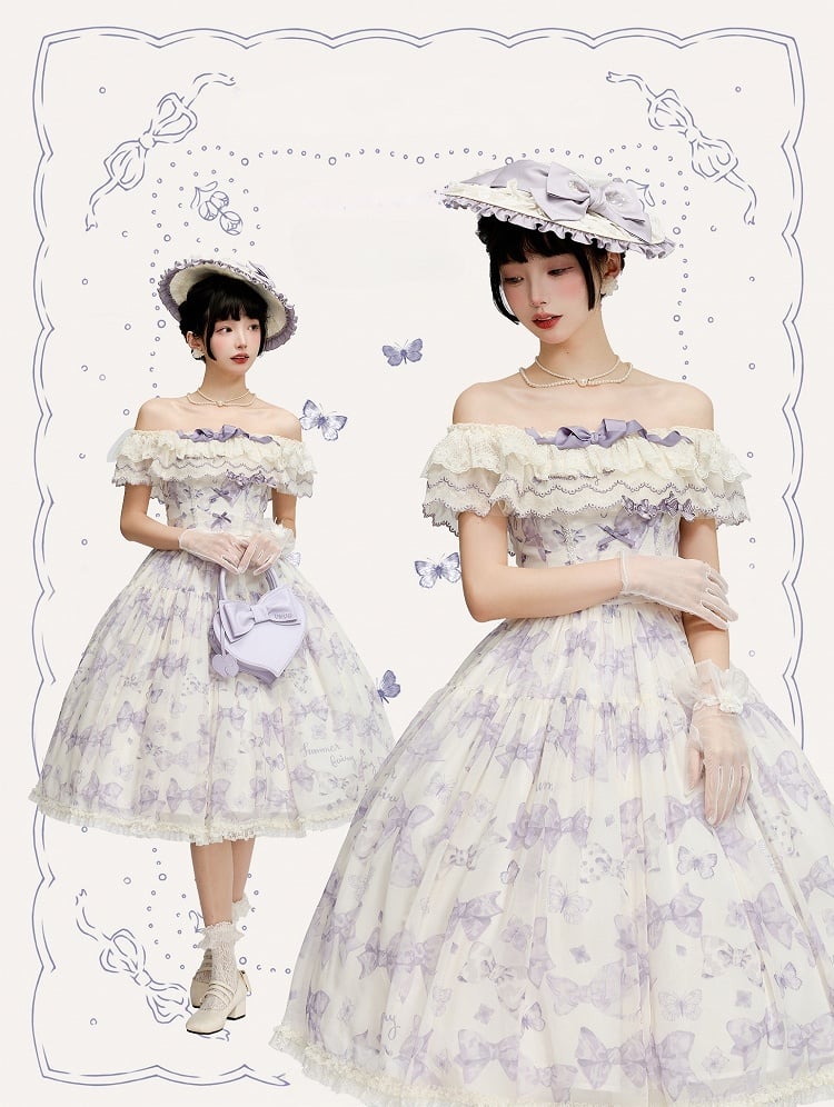 Robe Lolita violette à nœuds et papillons, décolleté deux façons de la porter