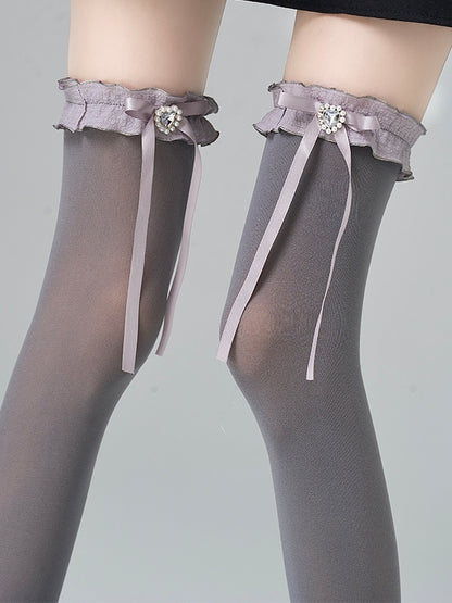 White Jirai Kei Heart-shaped Rhinestone Bowknot Ruffled Cuff Overknee Stockings