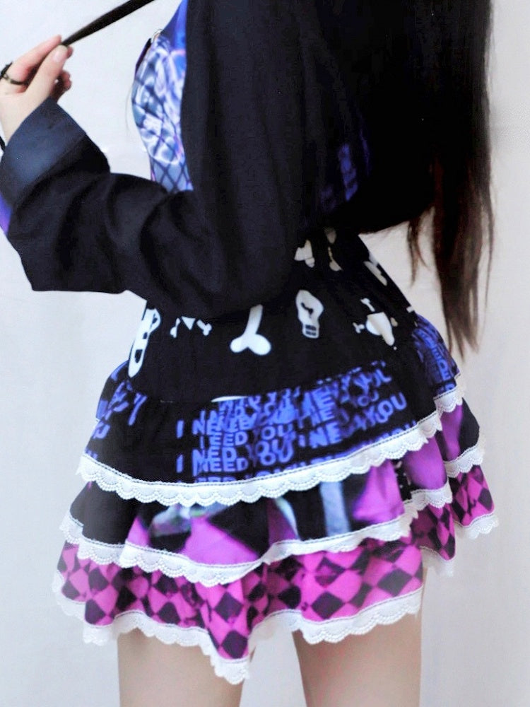 And Red Diamond Heart Pattern Print Y2K Skeleton Skirt Rose Bone Tiered