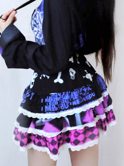 And Red Diamond Heart Pattern Print Y2K Skeleton Skirt Rose Bone Tiered