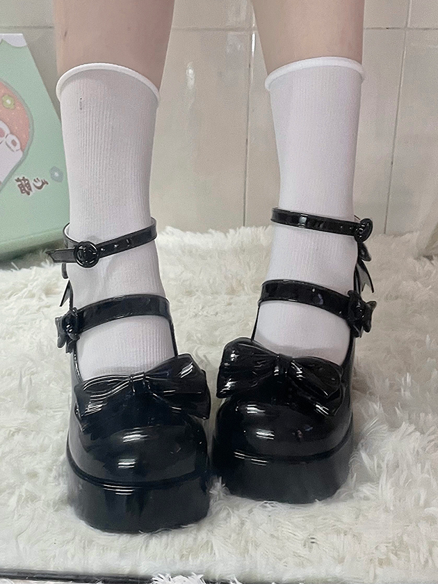 Black Bowknot Platform High Block Heels Lolita Shoes