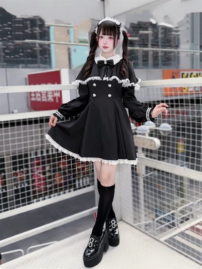 Tie Dress Kei Trim Bow Lace Winter for Free Jirai Cape White + Fall : Black