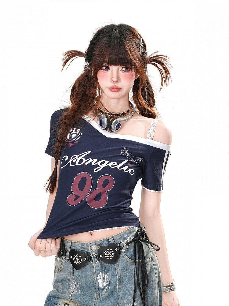 Navy Blue/White Asymmetrical Neckline Cutout Shoulder Number Glamorous T-Shirt