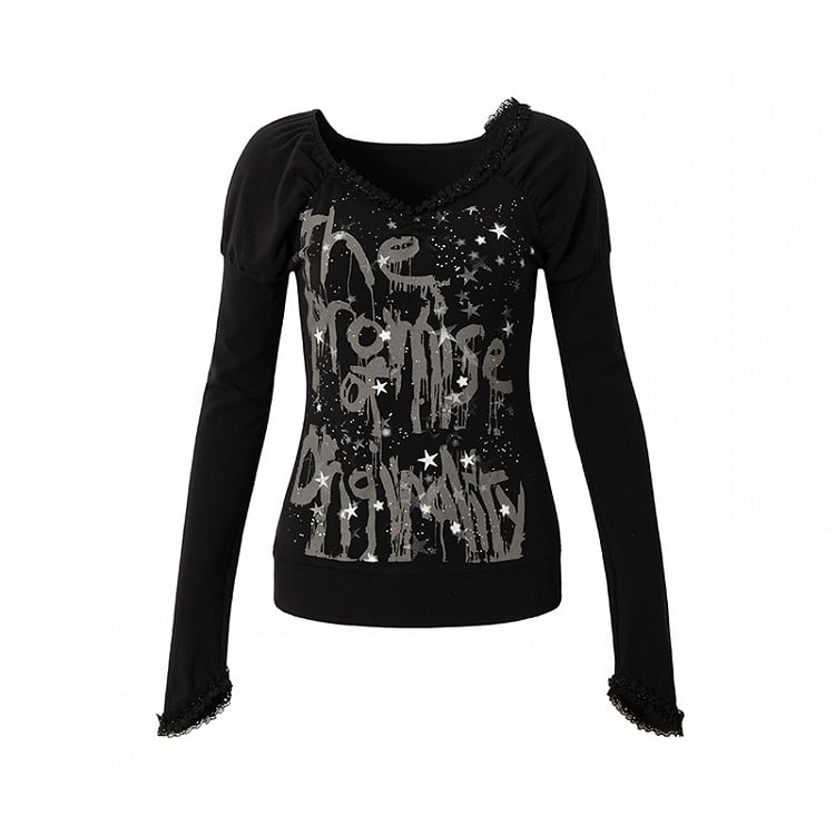 Shimmering Star Lace Trim Black V-Neck Top