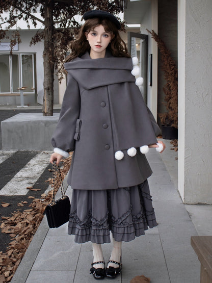 Pompoms Scarf Collar Gray Fleece Lining Woolen Coat