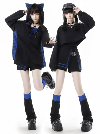 and Lace-up Detail Black Loose Dark Ears Hoodie Kitty Plaid Blue
