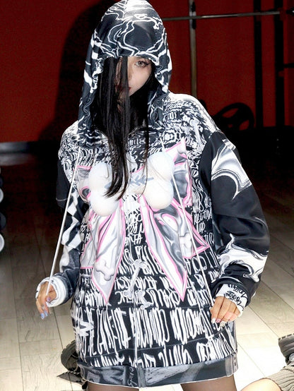 Closure Print Black Zip Letter Hoodie Pattern Bone Big Bow Gyaru Fashion