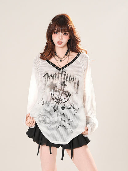 Vネック クロスプリント サンプロテクション カバーアップ ブラック/ホワイト