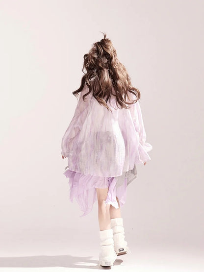 Light Waist Wide-leg Casual Loose Shirt / Pants Purple Drawstring