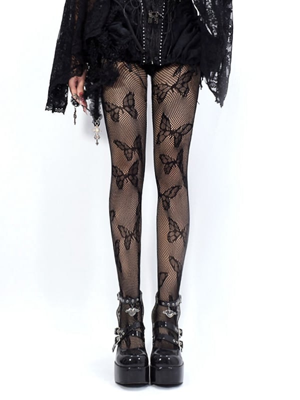 Fishnet Butterfly Tights Black Pattern Dark Punk