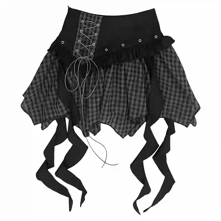 Y2K Red Gray Detail Plaid Lace-up with Black/Black Handkerchief Hem Skirt