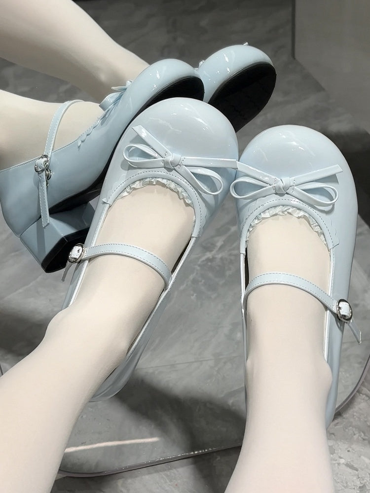 Low-heel Shoes Sweet at Top Blue Knotted Baby Bow Trim Lace