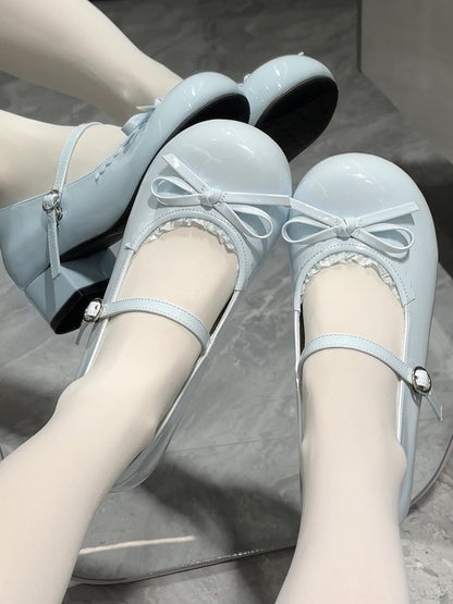 Low-heel Shoes Sweet at Top Blue Knotted Baby Bow Trim Lace