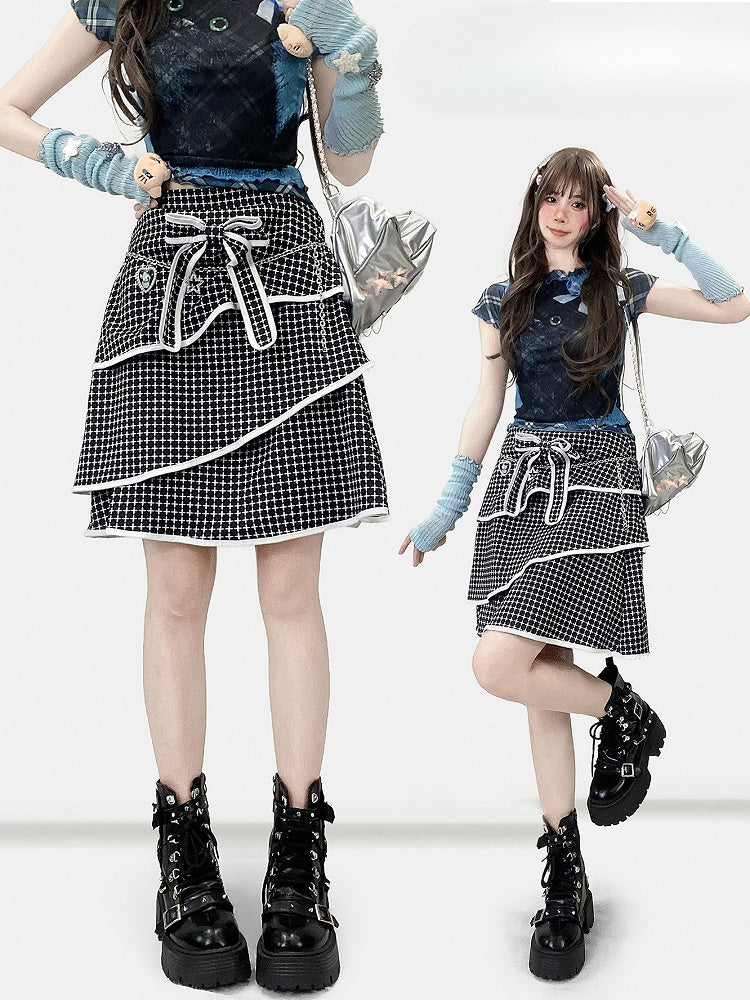 Decorated Bittersweet Tiered Plaid Bowknot Pattern Y2K Black