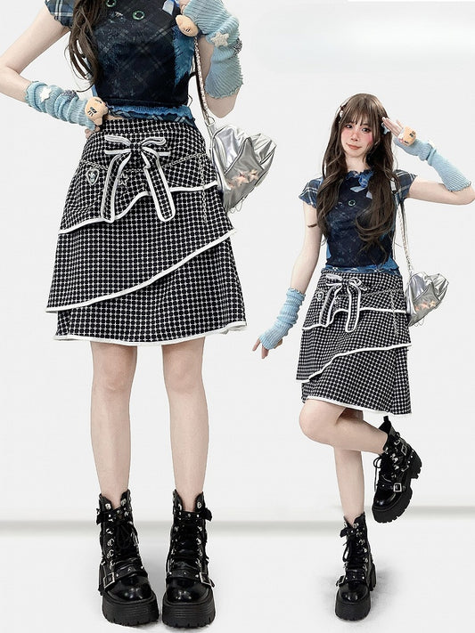 Decorated Bittersweet Tiered Plaid Bowknot Pattern Y2K Black