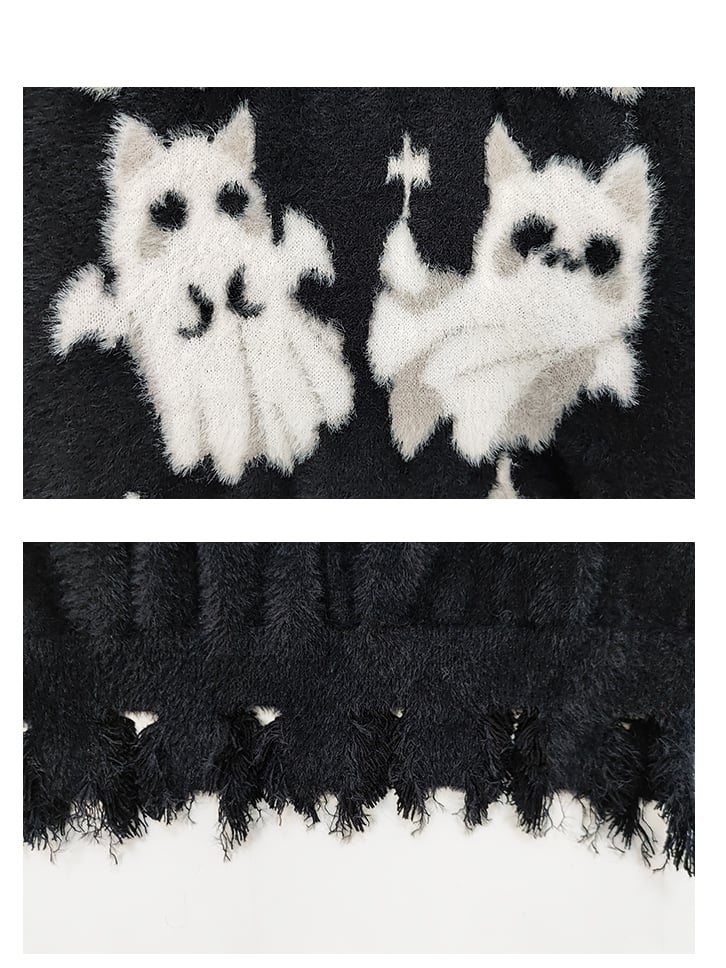 Cute Ghost Cats Distress Trim Black Soft Sweater