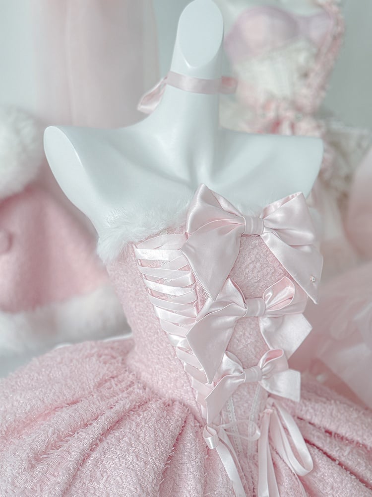 V-Day Pink Bows Plush Neckline and Hemline Boning Dress + Cape Full Set