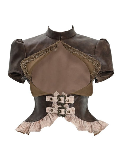 Brown Steampunk Leather Banded Collar Top