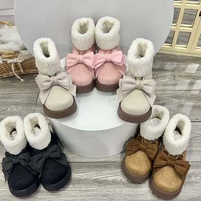 Beige Bunny Ear Bowknot Platform Winter Boots