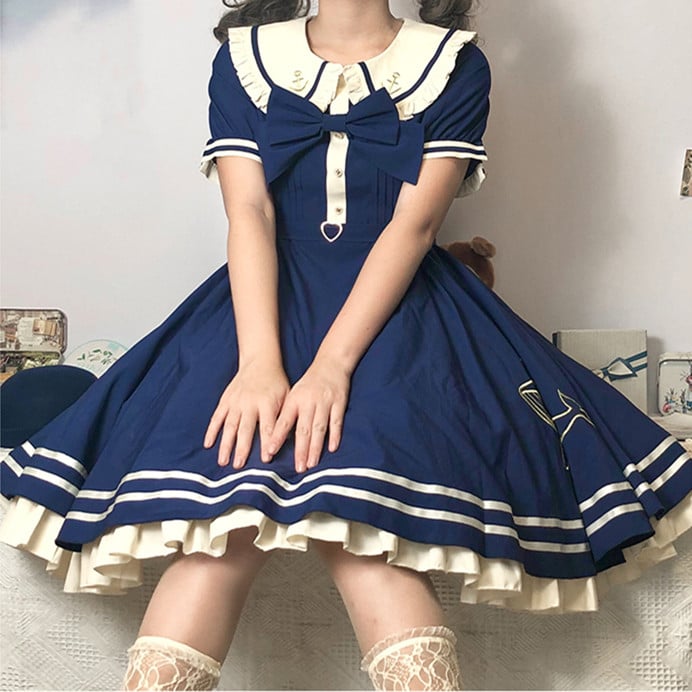 Plus Size Friendly Dark Blue Sweet Dress Whale Peter Pan Collar